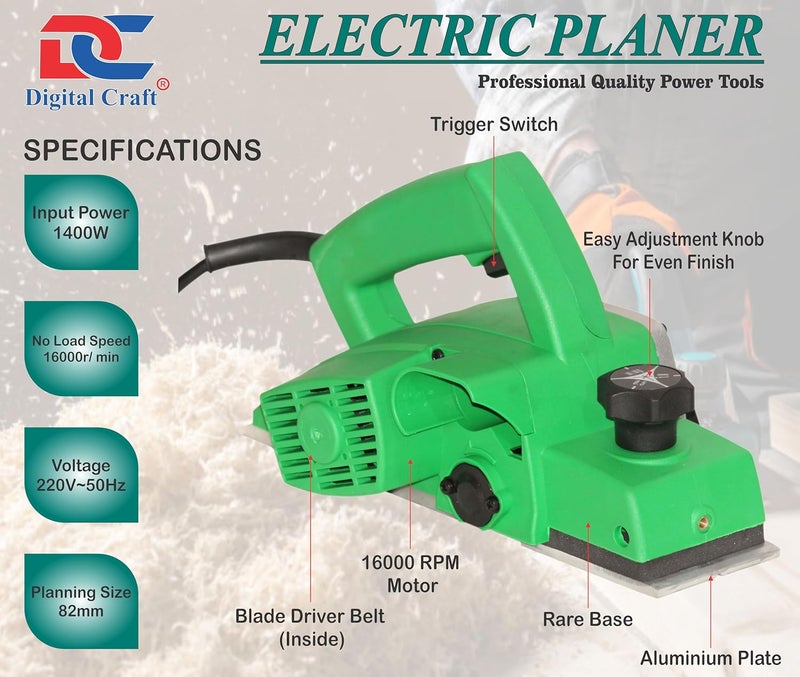 Digital Craft Digital Craft Wood Planer 1400W Machine of Carpentry HighPower MultiFunction Electric Planer Professional Woodworking Machine 82mm Electric Planer Machine2 G Clamp8Inch Pincer Plier  - Image 3