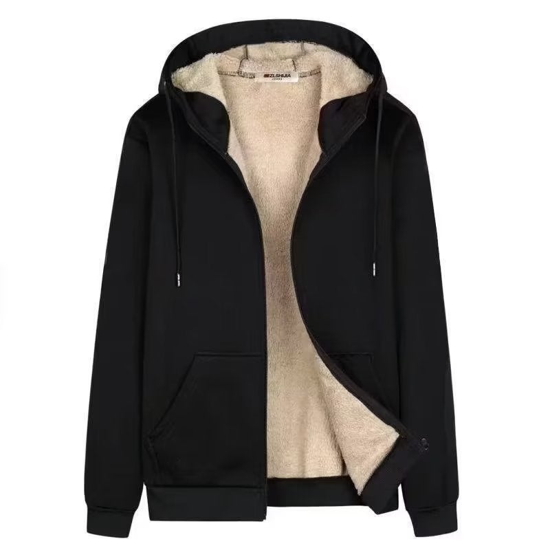 Mens Fleece-Lined Black Sweatshirt Casual Style Loose Fit Hooded Cardigan Winter Plus Size Hooded Casual Sweatshirt Black high quality lambswool jacket 