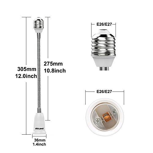 DiCUNO E26 to E26 Socket Extender (27.5CM/10.82 Inch Extension), Standard Screw Base, 165℃ Heat-Resistant No Fire Hazard, Maximum Wattage 200W, Bendable Light Bulb Extender Adapter, 4-Pack - Image 2