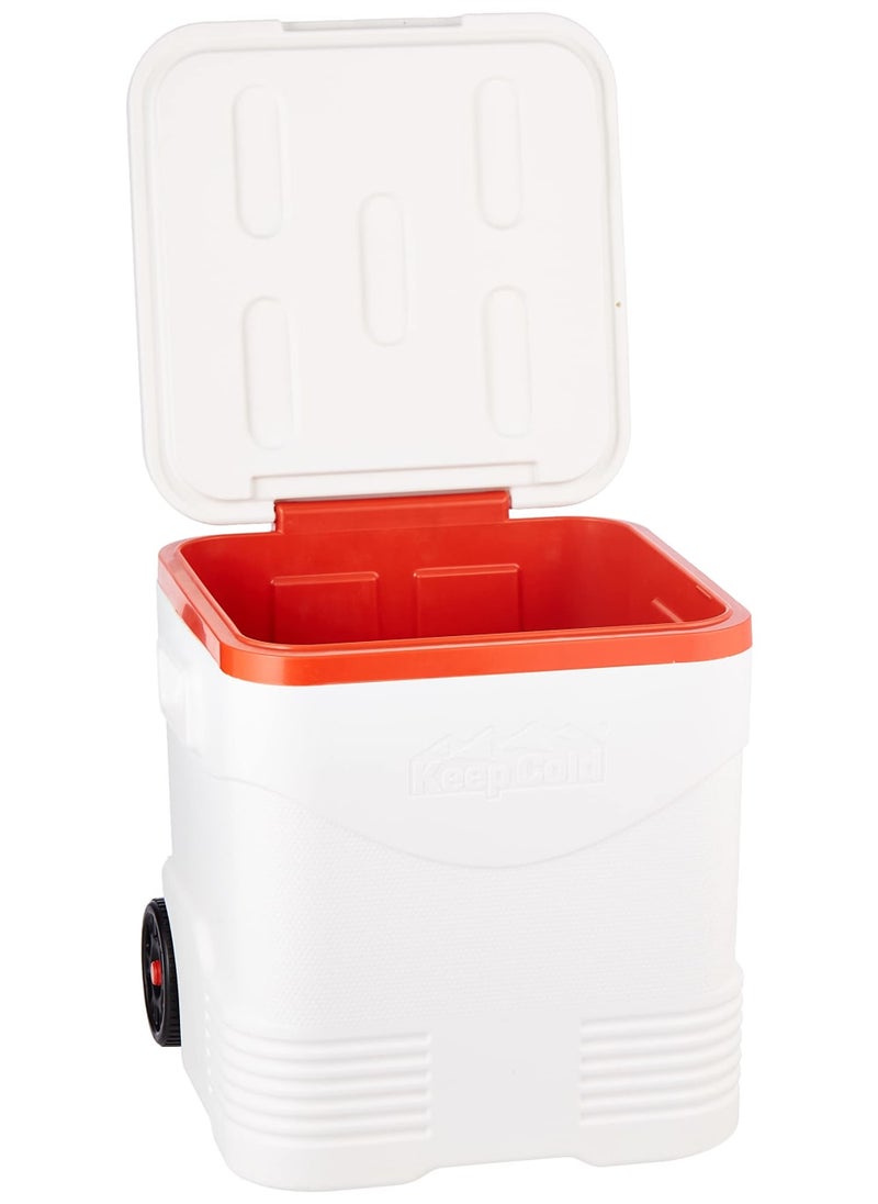 Cosmoplast Plastic Cooler Box with Wheels, Capacity with Retractable Handle, Portable Ice Chest for Drinks and Food, for Picnics and Beach - White and Orange - Image 2