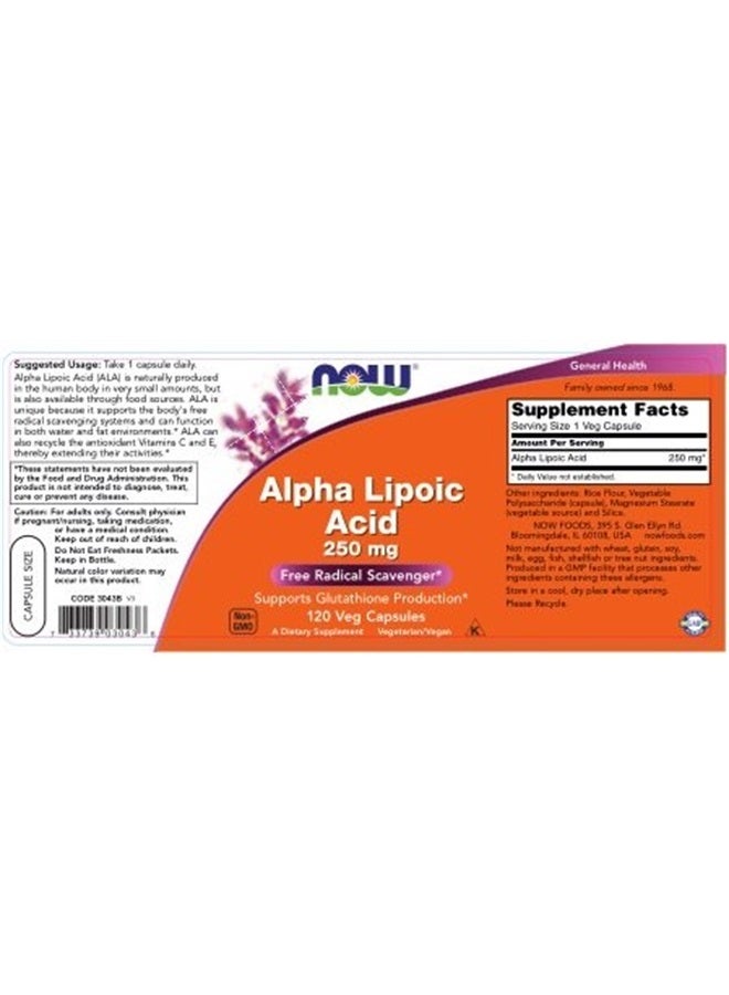 now Supplements, Alpha Lipoic Acid 250 mg, Supports Glutathione Production*, Free Radical Scavenger*, 120 Veg Capsules - Image 2