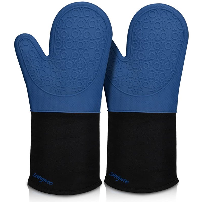 sungwoo Extra Long Silicone Oven Mitts, Heat Resistant Oven Gloves with Quilted Liner Non-Slip Textured Grip Perfect for BBQ, Baking, Cooking and Grilling - 1 Pair 14.6 Inch Royal Blue & Black - Image 1