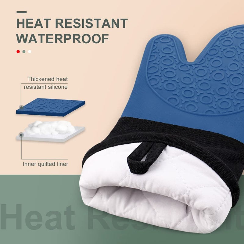 sungwoo Extra Long Silicone Oven Mitts, Heat Resistant Oven Gloves with Quilted Liner Non-Slip Textured Grip Perfect for BBQ, Baking, Cooking and Grilling - 1 Pair 14.6 Inch Royal Blue & Black - Image 2