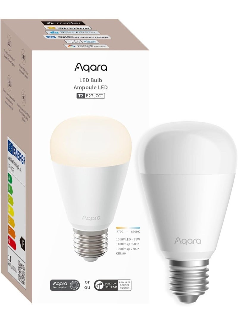 أكارا مصباح LED Aqara T2، E27، CCT، اتصال لولبي/Zigbee، أبيض قابل للتعتيم، 2700-6500 كلفن، يعادل 75 واط، متوافق مع Matter، مصباح ذكي متوافق مع HomeKit وGoogle Home - Image 1