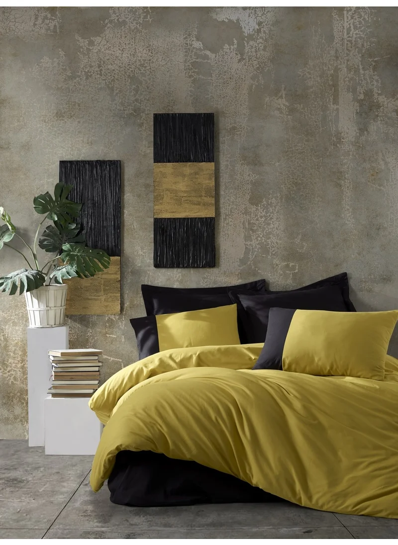 Cotton Box Plain Ranforce Double Duvet Cover Set Mustard Black