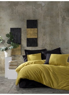 COTTON BOX Plain Ranforce Double Duvet Cover Set Mustard Black  - Image 1