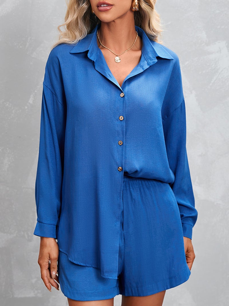 Women Shirt Shorts Set Long Sleeve Buttoned Casual Shirt and Shorts 2 Pieces