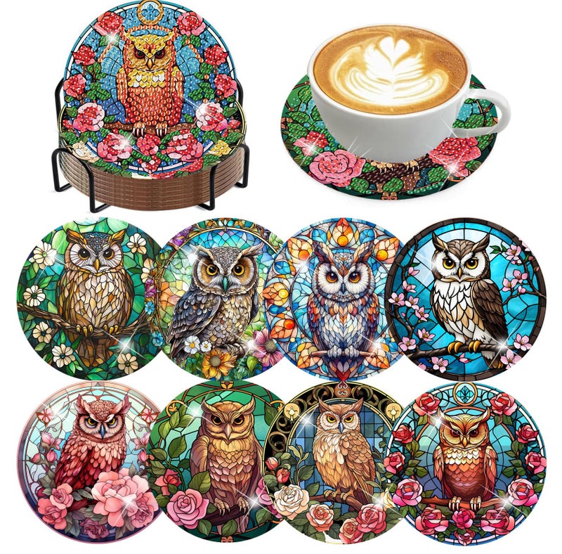 croshom 8 Pieces Owl Diamond Art Coasters Kit, Diamond Painting Coasters with Holder, Owl Diamonds Art Painting Kits, 5D DIY Diamonds Arts Kits for Adults Gift - Image 1