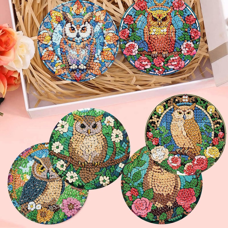 croshom 8 Pieces Owl Diamond Art Coasters Kit, Diamond Painting Coasters with Holder, Owl Diamonds Art Painting Kits, 5D DIY Diamonds Arts Kits for Adults Gift - Image 3