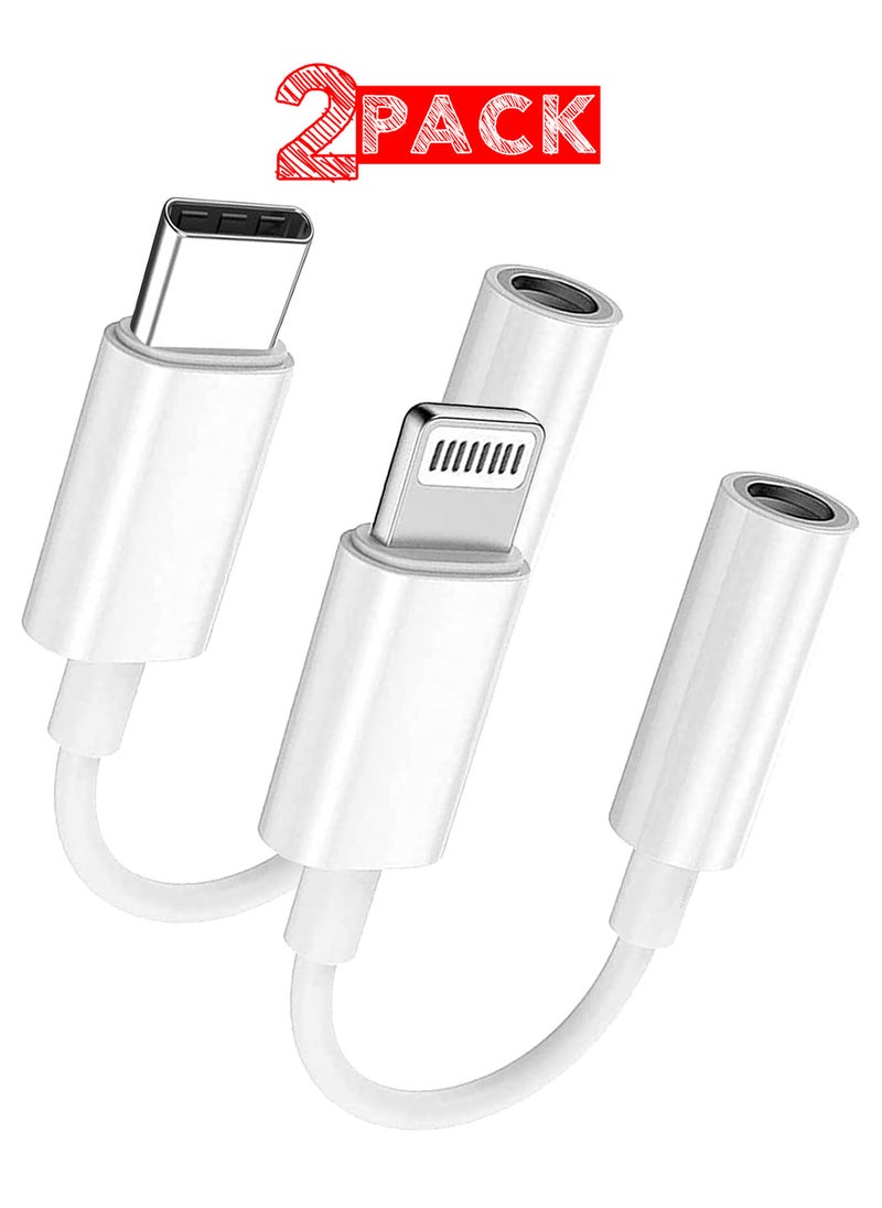 Generic - 2Packs Lightning to 3.5mm AUX Jack Adapter Cable and USB C Type C to AUX Jack Adapter / White Colour - Image 1