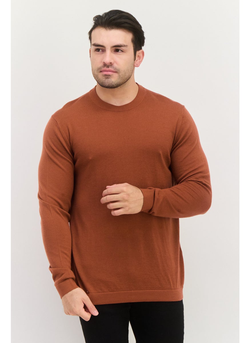 ESPRIT Men Round Neck Solid Long Sleeve Knitted Sweater, Brown  - Image 1