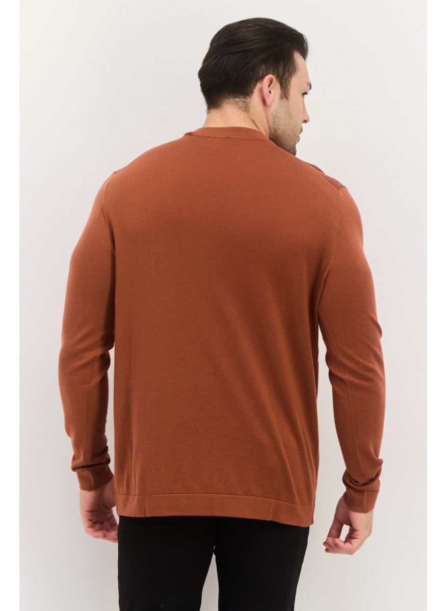 ESPRIT Men Round Neck Solid Long Sleeve Knitted Sweater, Brown  - Image 3