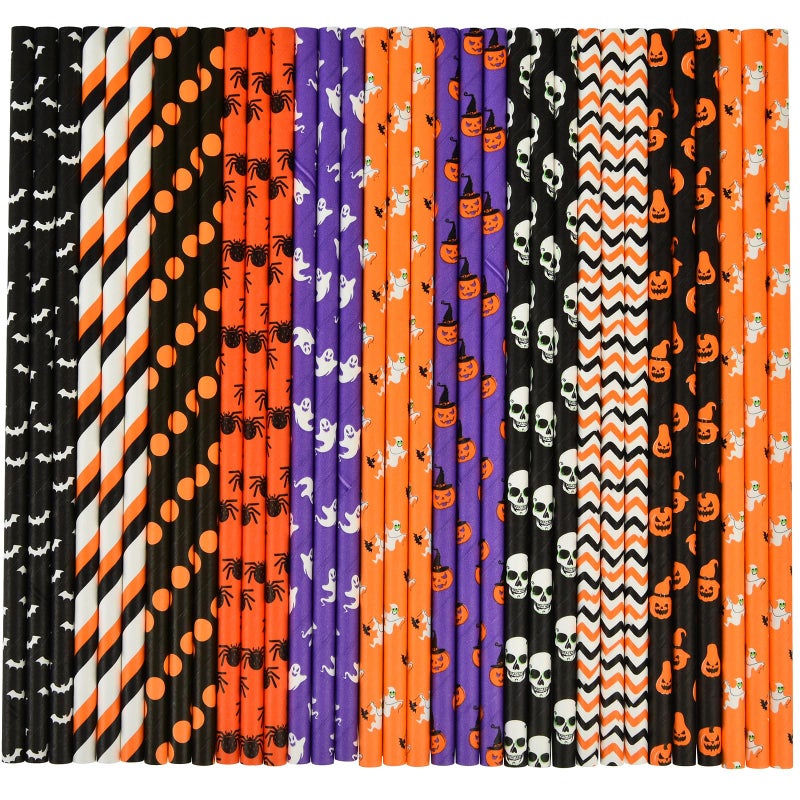 ALINK 100 Counts Halloween Paper Straws  10 Styles Black White Orange Purple Biodegradable Party Drinking Straws with Stripe  Wave  Dots  Skull Head  Ghost  Bats  Pumpkin  Spider Design