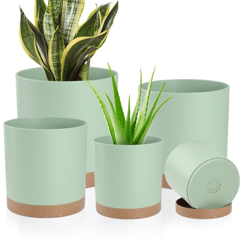 YNNICO Plant Pots with Drainage Holes and Saucers â€“ 7, 6.5, 6, 5, 4 Inch Plastic Planters for Indoor Outdoor Plants, Modern Matte Finish, Lightweight & Durableï¼ˆGreenï¼‰ - Image 1
