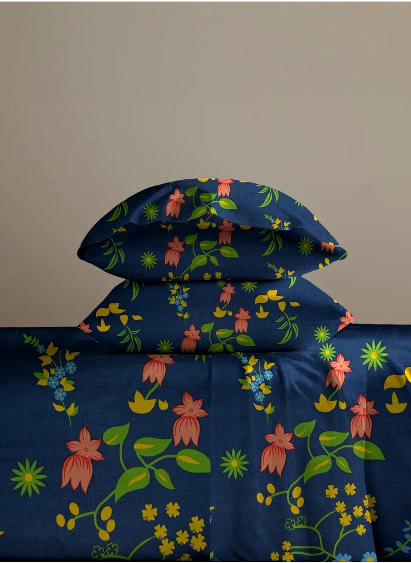 Linen Thread Flat Bedsheet Set Sapphire Blue - High Quality 100% Cotton 144 TC Light Weight - Everyday Use 1 Bed Sheet And 2 Pillow Cases Printed  - Image 4