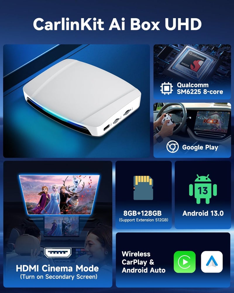 كار لينكيت صندوق كارلينكيت أندرويد AI فائق الدقة، مزود بوضع السينما HDMI مدمج، بث الفيديو في الشاشة الفرعية، معالج كوالكوم ثماني النواة، 8 جيجابايت + 128 جيجابايت، 3 في 1 أندرويد 13.0 / كاربلاي لاسلكي / أندرويد أوتو لاسلكي - Image 4