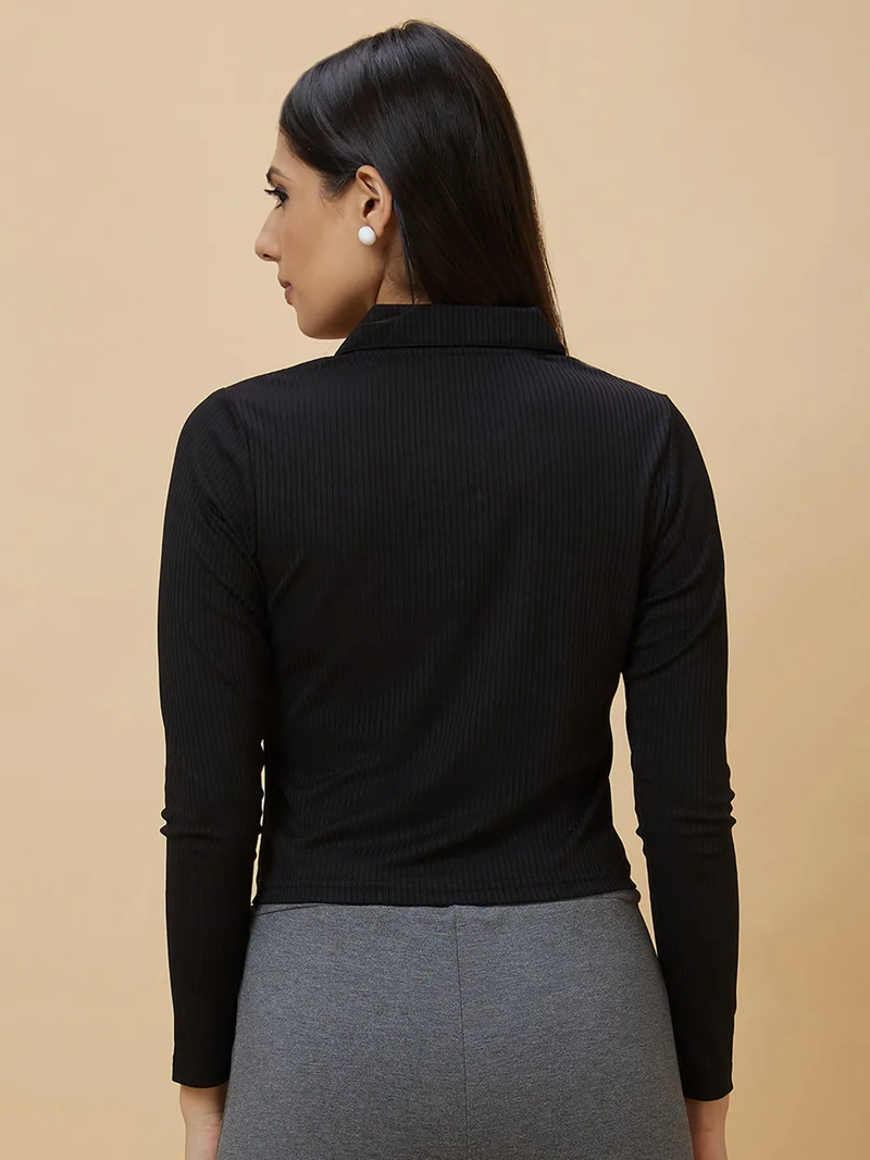 globus Women Black Ribbed Shirt Collar Fitted Crop Top