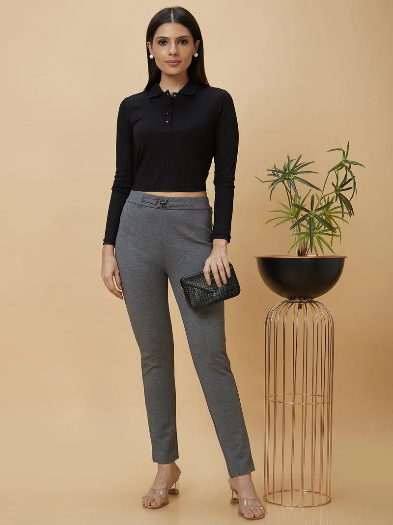 globus Women Black Ribbed Shirt Collar Fitted Crop Top