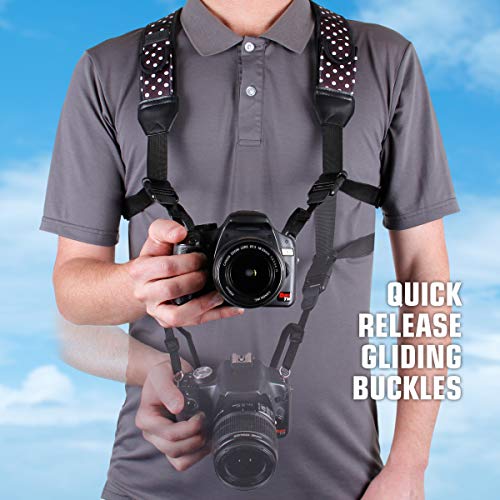 USA GEAR DSLR Camera Strap Chest Harness with Quick Release Buckles, Polka Dot Neoprene Pattern and Accessory Pockets - Compatible with Canon, Nikon, Sony Point and Shoot and Mirrorless Cameras - Image 2