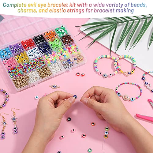 Acejoz Evil Eye Charms/Bracelet Making Kit with Glass Seed Clay Beads and Elastic String for Bracelets, Gold, 2702 Pieces - Image 5