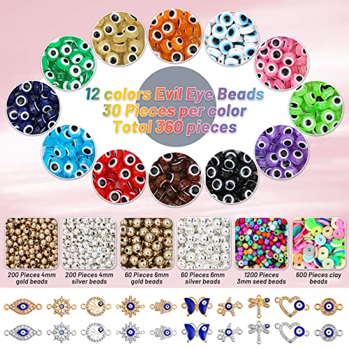 Acejoz Evil Eye Charms/Bracelet Making Kit with Glass Seed Clay Beads and Elastic String for Bracelets, Gold, 2702 Pieces - Image 3