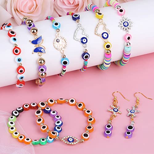 Acejoz Evil Eye Charms/Bracelet Making Kit with Glass Seed Clay Beads and Elastic String for Bracelets, Gold, 2702 Pieces - Image 2