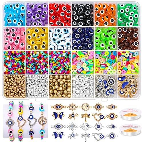 Acejoz Evil Eye Charms/Bracelet Making Kit with Glass Seed Clay Beads and Elastic String for Bracelets, Gold, 2702 Pieces - Image 1