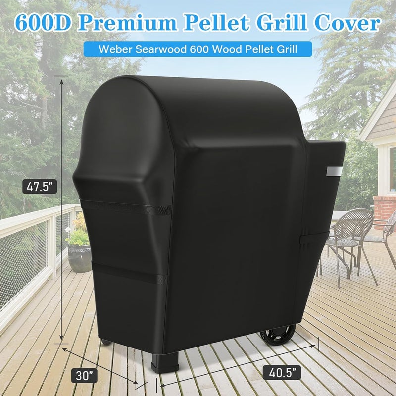 Utheer Grill Cover for Weber Searwood 600 Pellet Grill, Heavy Duty 600D Waterproof Fabric Grill Cover for Weber 3400145, Black - Image 2