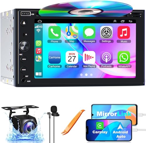Adapter-Universe Double Din Car Stereo with Carplay & Android Auto, Adapter-Universe 7 Inch Car Radio with CD/DVD Player Support Back up Camera, Bluetooth & Voice Control, Mirror Link, Subwoofer, SWC, Subwoofer, AM/FM - Image 1
