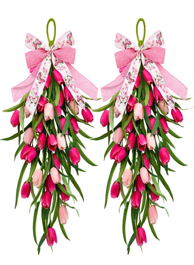 CRCZK 24" Tulip Teardrop Swag 2Pack Spring Wreaths for Front Door Spring Decorations for Home Rustic Farmhouse Kitchen Wreath with Ribbon Bow Artificial Tulip Flowers Hanging Wreaths for Porch Wall - Image 1