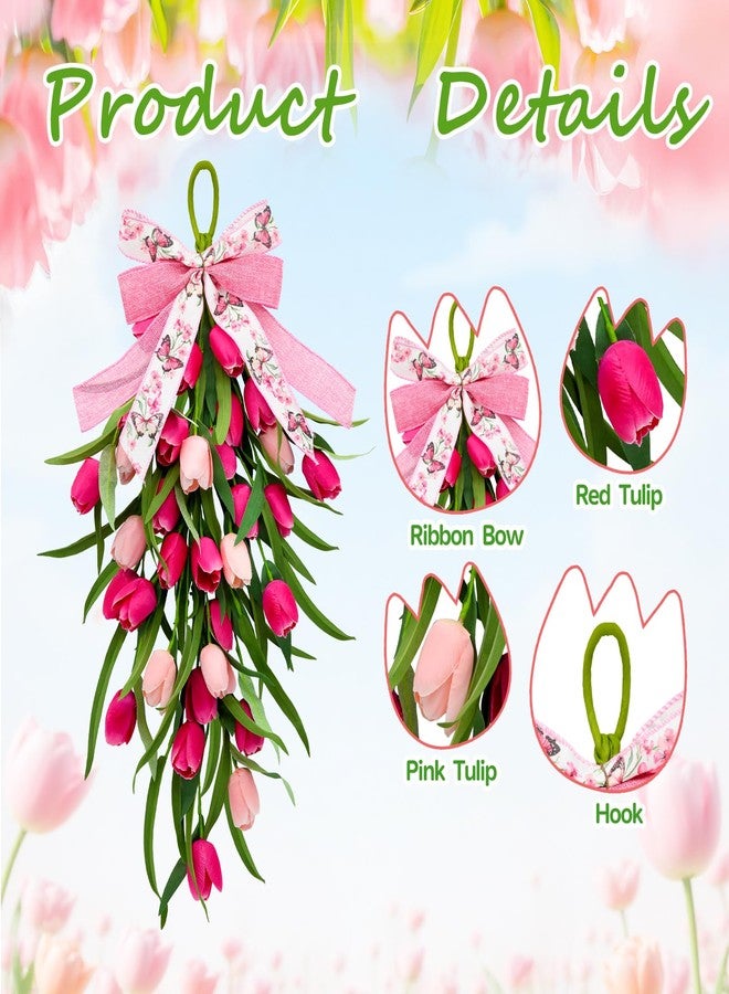 CRCZK 24" Tulip Teardrop Swag 2Pack Spring Wreaths for Front Door Spring Decorations for Home Rustic Farmhouse Kitchen Wreath with Ribbon Bow Artificial Tulip Flowers Hanging Wreaths for Porch Wall - Image 3