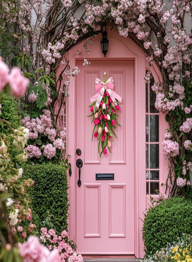CRCZK 24" Tulip Teardrop Swag 2Pack Spring Wreaths for Front Door Spring Decorations for Home Rustic Farmhouse Kitchen Wreath with Ribbon Bow Artificial Tulip Flowers Hanging Wreaths for Porch Wall - Image 4