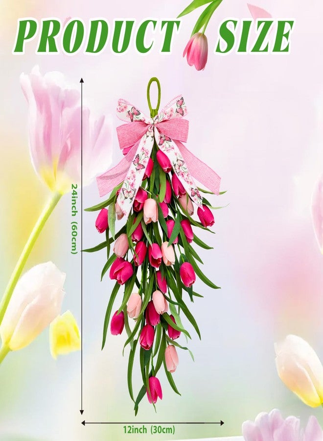 CRCZK 24" Tulip Teardrop Swag 2Pack Spring Wreaths for Front Door Spring Decorations for Home Rustic Farmhouse Kitchen Wreath with Ribbon Bow Artificial Tulip Flowers Hanging Wreaths for Porch Wall - Image 2