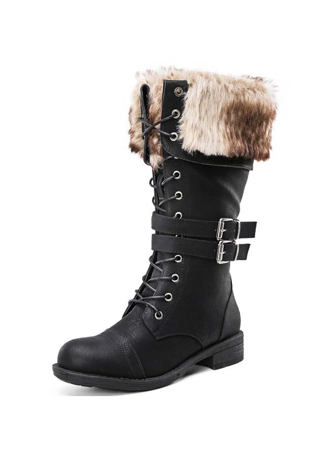 GLOBALWIN Women's Mid Calf To Knee High Boots Dressy Lace Up Combat Boots for Women Low Heel, 17yy02black, 7 - Image 1