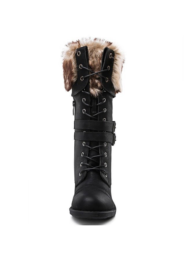 GLOBALWIN Women's Mid Calf To Knee High Boots Dressy Lace Up Combat Boots for Women Low Heel, 17yy02black, 7 - Image 4