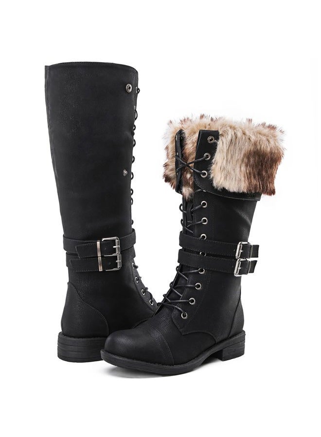 GLOBALWIN Women's Mid Calf To Knee High Boots Dressy Lace Up Combat Boots for Women Low Heel, 17yy02black, 7 - Image 2