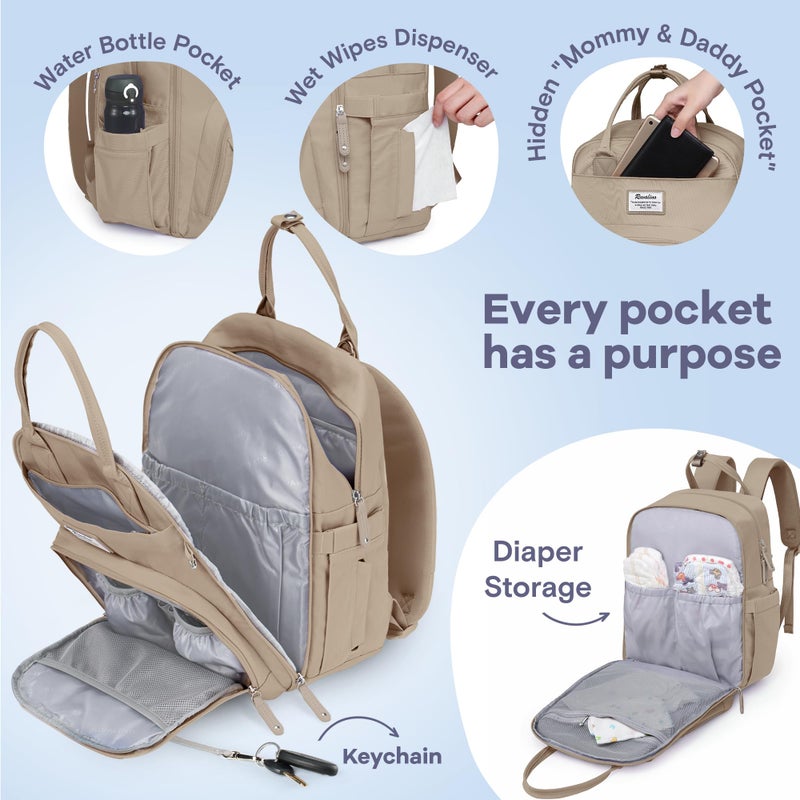 RUVALINO Diaper Bag Backpack-Multifunction Baby Travel Bag with Changing pad, Insulated Bottle Holders & Pacifier Case, Large Capacity, Waterproof, Clay - Image 3