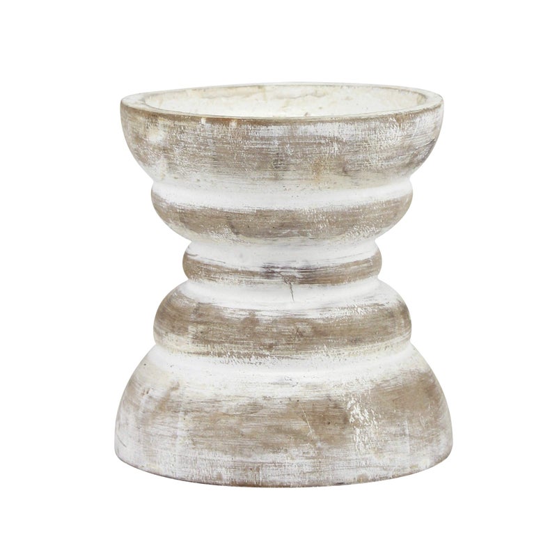 Stonebriar Antique White Wooden Pillar Candle Holder, Vintage Seaside Pillar Stand for Dining Table Centerpiece, Coffee Table, Mantel, Or Any Table Top, Small - Image 1