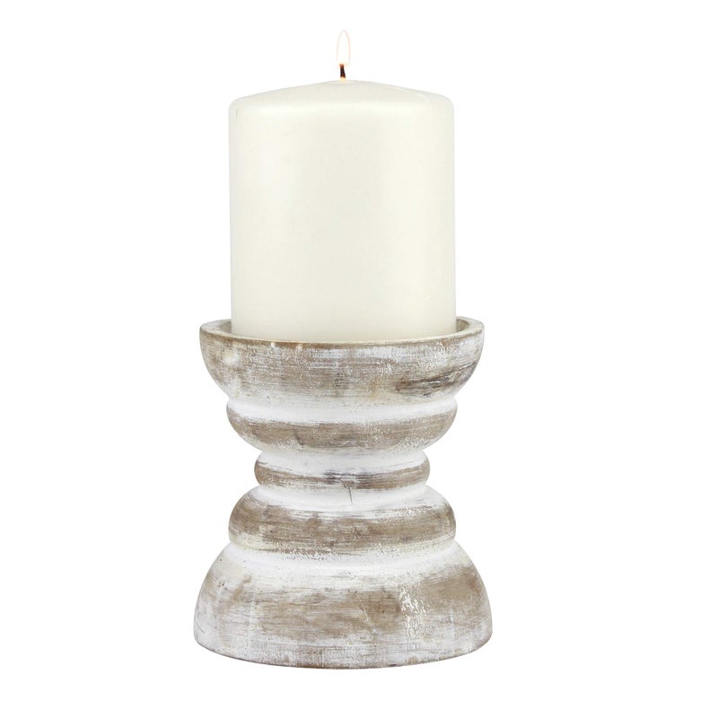 Stonebriar Antique White Wooden Pillar Candle Holder, Vintage Seaside Pillar Stand for Dining Table Centerpiece, Coffee Table, Mantel, Or Any Table Top, Small - Image 2