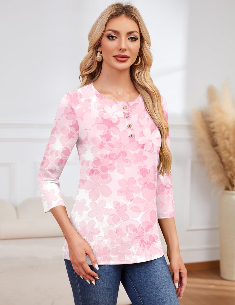 LOMON 3/4 Length Sleeve Tops for Women Round Neck Casual Fashion Spring Summer Blouses Cute Tunics(White Pink Floral,L) - Image 4