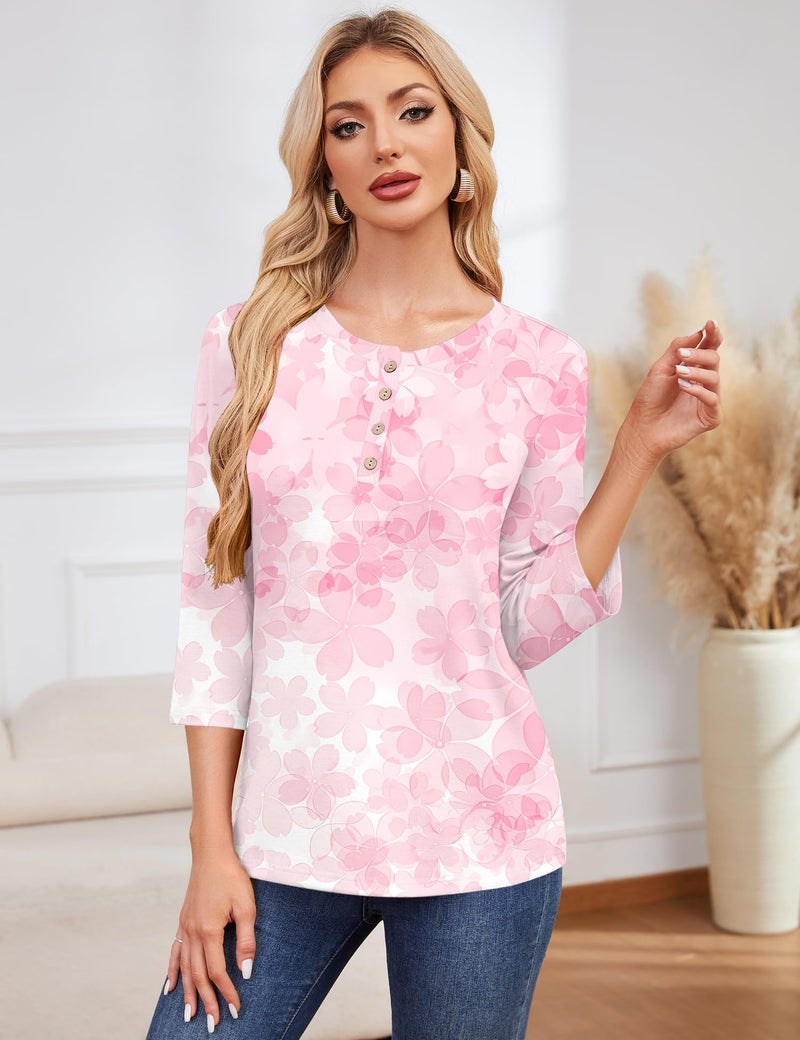 LOMON 3/4 Length Sleeve Tops for Women Round Neck Casual Fashion Spring Summer Blouses Cute Tunics(White Pink Floral,L) - Image 3
