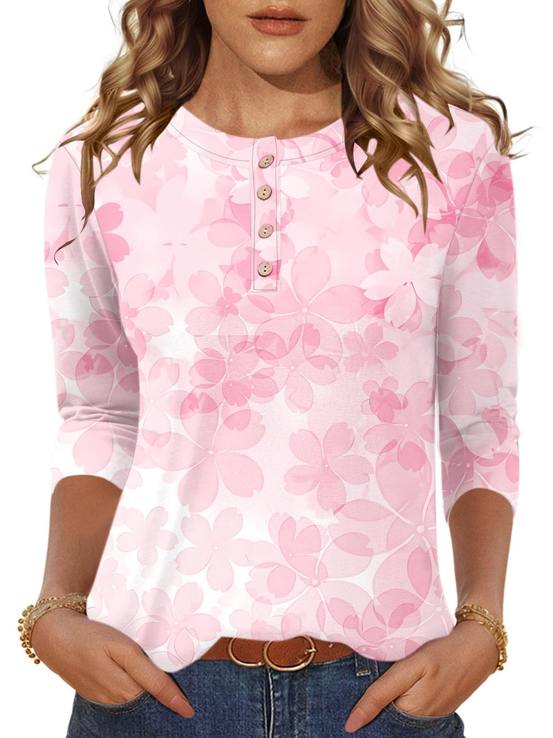 LOMON 3/4 Length Sleeve Tops for Women Round Neck Casual Fashion Spring Summer Blouses Cute Tunics(White Pink Floral,L) - Image 2