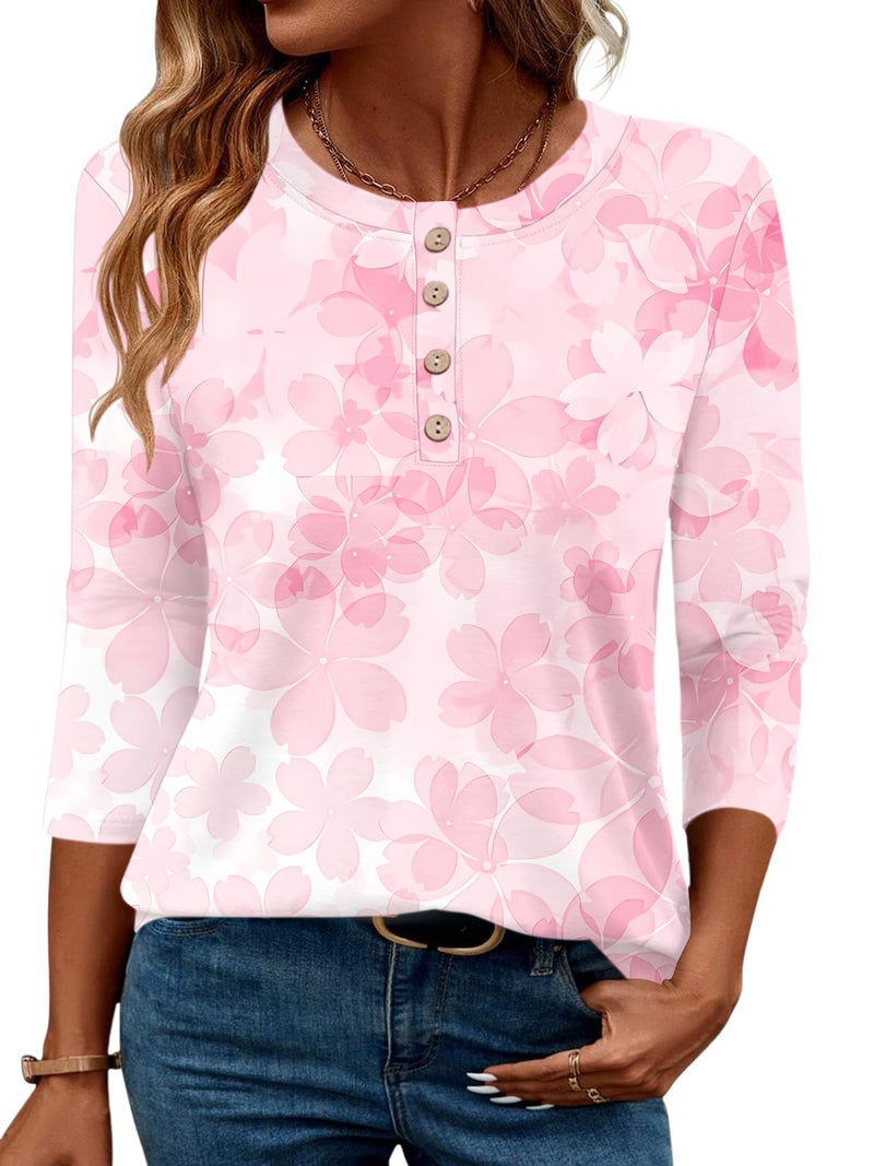 LOMON 3/4 Length Sleeve Tops for Women Round Neck Casual Fashion Spring Summer Blouses Cute Tunics(White Pink Floral,L) - Image 1