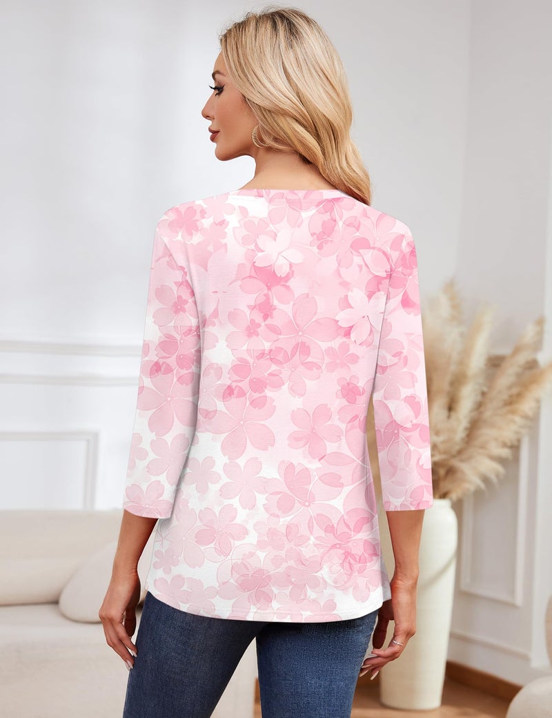 LOMON 3/4 Length Sleeve Tops for Women Round Neck Casual Fashion Spring Summer Blouses Cute Tunics(White Pink Floral,L) - Image 5