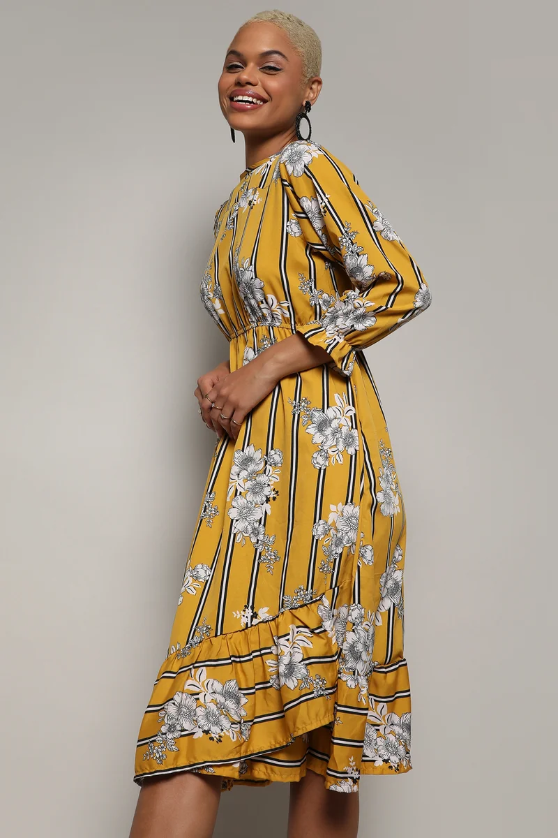 Campus Sutra Women's Mustard Yellow Botanical Striped Dress