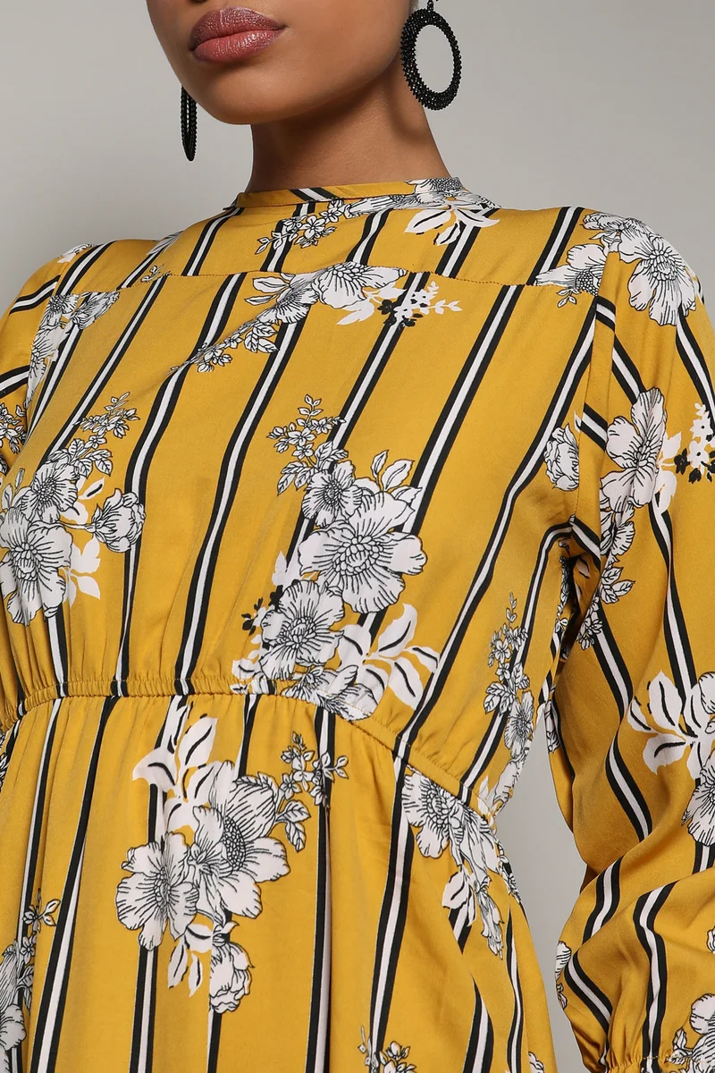 Campus Sutra Women's Mustard Yellow Botanical Striped Dress