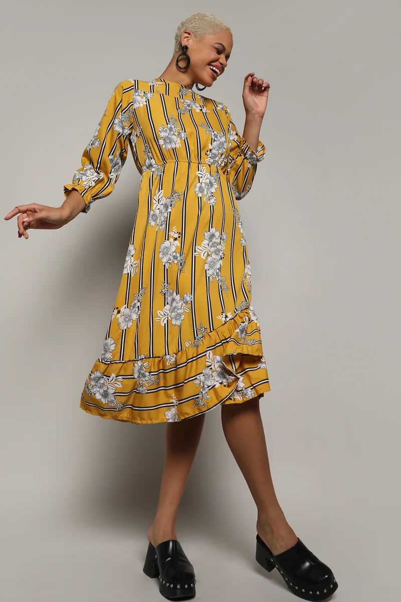 Campus Sutra Women's Mustard Yellow Botanical Striped Dress