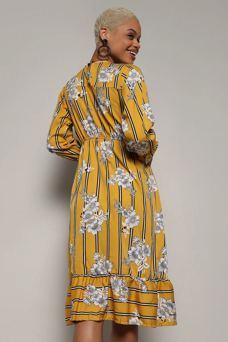 Campus Sutra Women's Mustard Yellow Botanical Striped Dress
