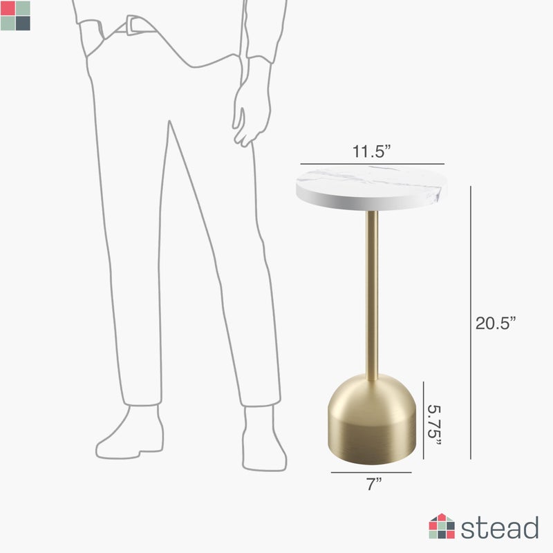 Stead Round Metal Drink Table with Faux Marble Top, Brass Pole & Dome Base â€“ Modern Small Pedestal Side Table for Living Room, Bedroom, or Office â€“ Easy Assembly, Scratch-Resistant Base - Image 3