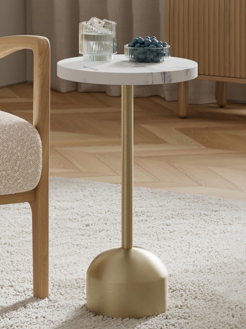 Stead Round Metal Drink Table with Faux Marble Top, Brass Pole & Dome Base â€“ Modern Small Pedestal Side Table for Living Room, Bedroom, or Office â€“ Easy Assembly, Scratch-Resistant Base - Image 1